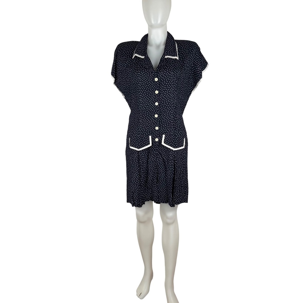 S. Roberts Vintage 80s Polka Dot Romper Navy Blue White Button Front Rayon 11/12